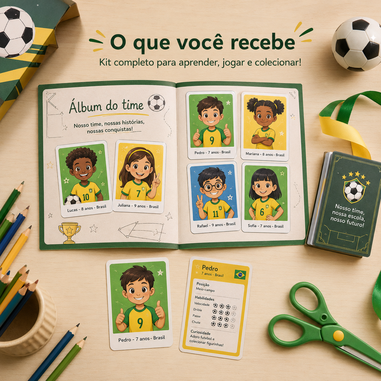 Conteúdo do Kit Copa da Turma: álbum coletivo, figurinhas dos alunos e cards de jogador