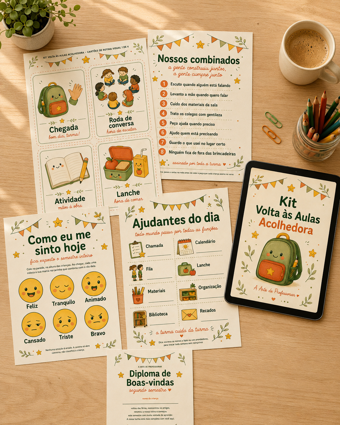 Páginas do Kit Volta às Aulas Acolhedora espalhadas sobre a mesa